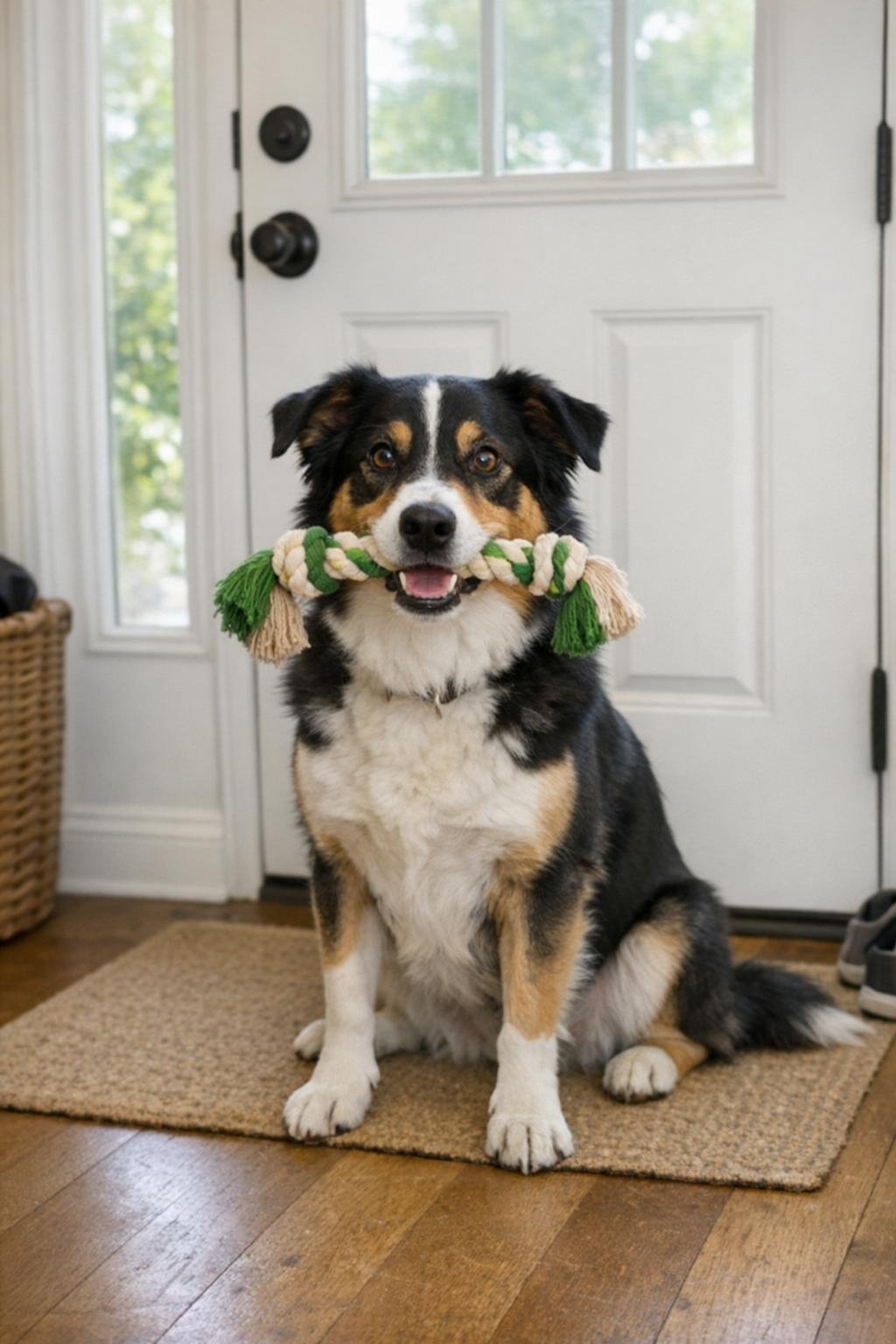 Dog waiting by the door with a rope toy