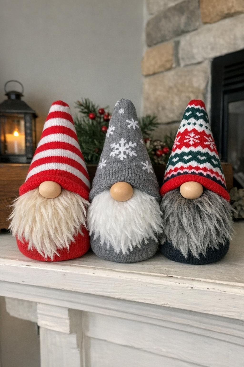Handmade sock gnomes with rice-filled bodies and soft cone hats