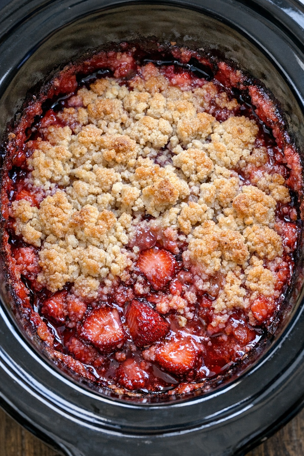 Slow cooker strawberry acai cobbler in a black slow cooker