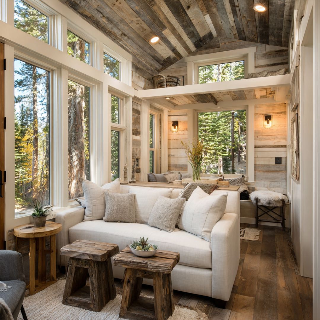 Step into this charming forest cabin. The interior is truly stunning ...