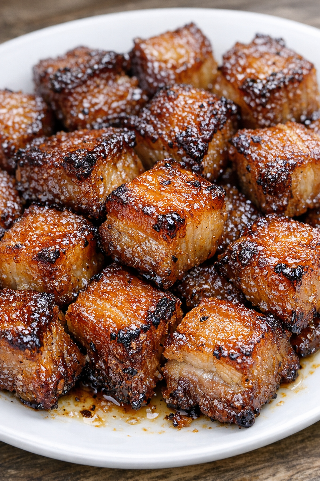 Low carb 3-ingredient pork belly bites on a white plate
