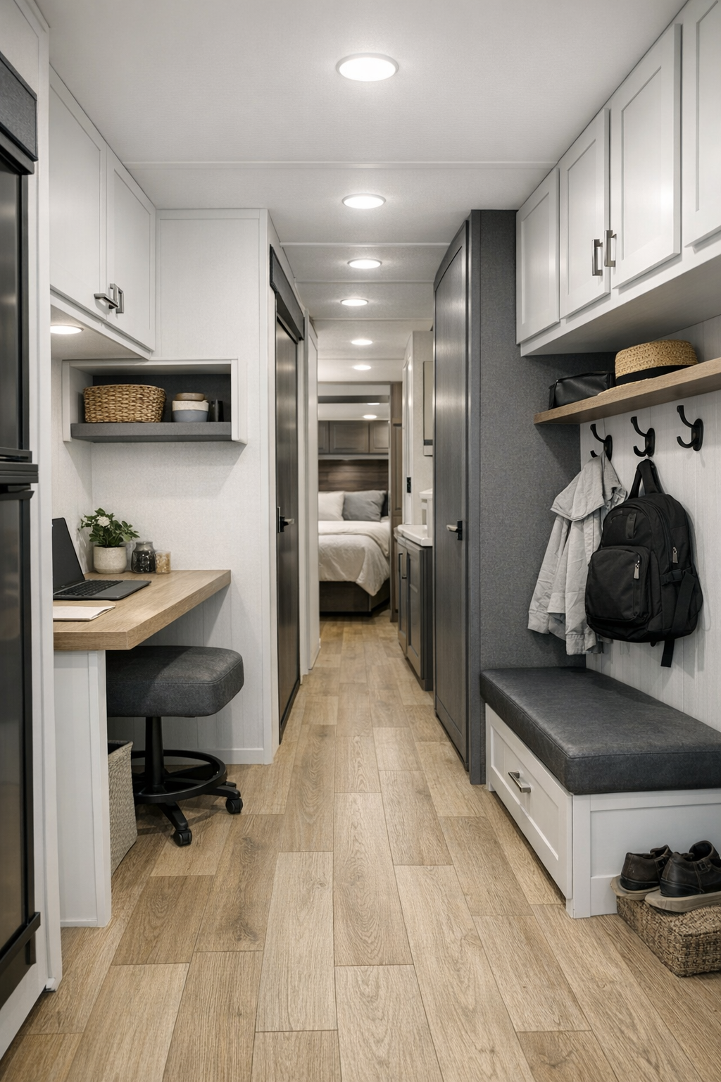 Accessible RV camper hallway and storage area with white built-ins and continuous oak-look flooring