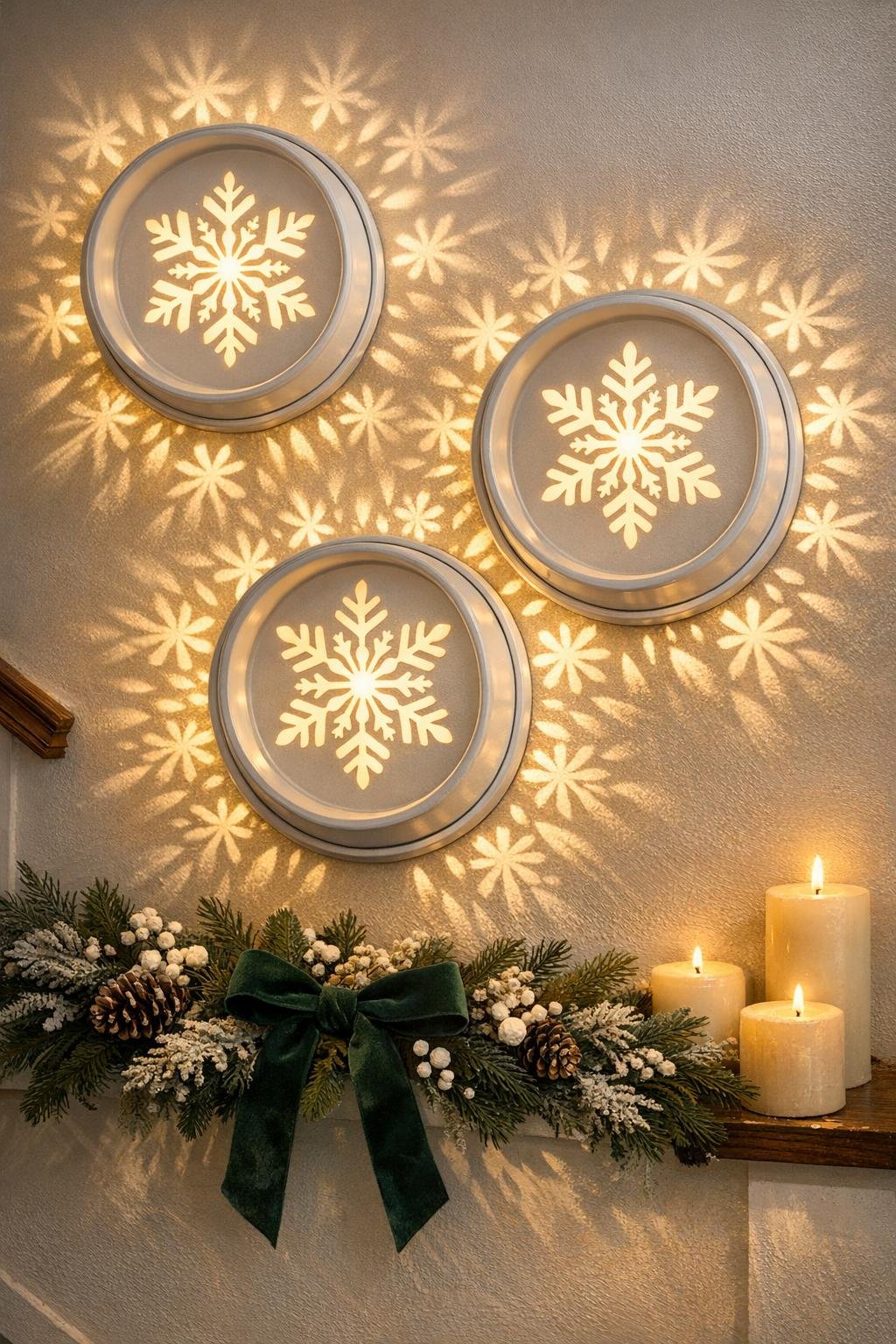Three glowing punched tin snowflake wall lights displayed indoors
