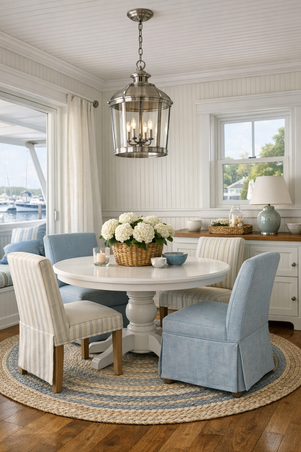 Cape Cod houseboat dining room with round white pedestal table and lantern pendant
