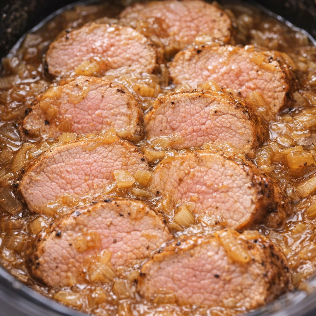 Sliced pork medallions coated in onion gravy