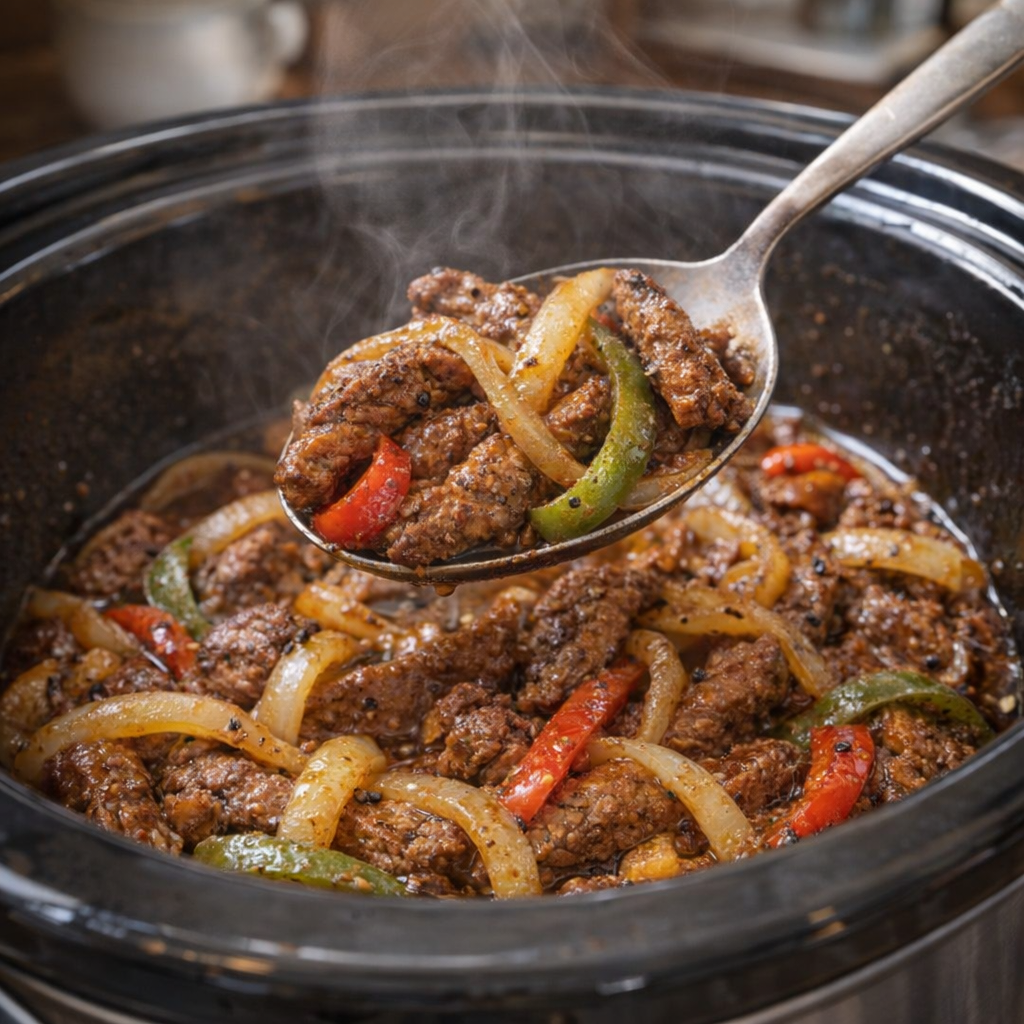 Cooked steak fajita filling inside the slow cooker