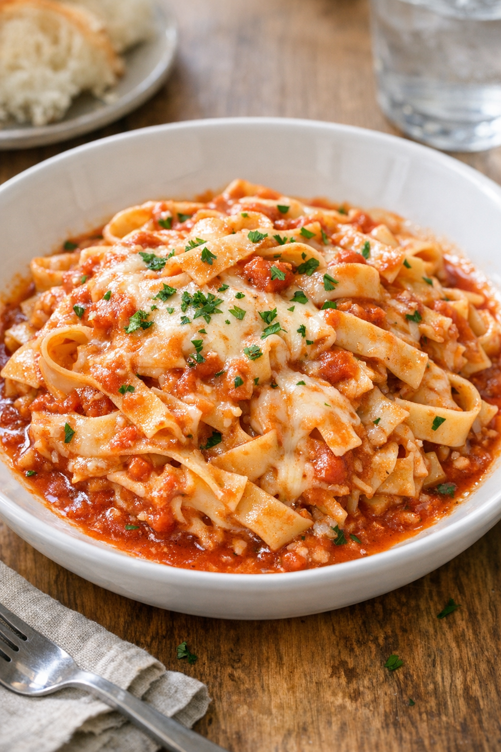 Finished slow cooker fettuccine plated in a bowl