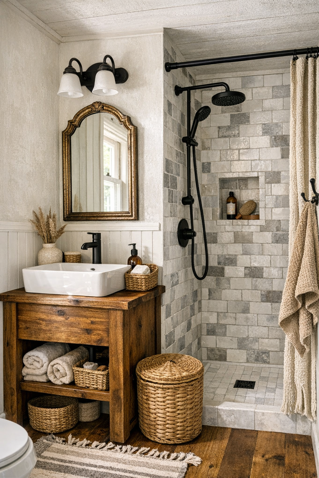 Compact handcrafted tiny home bathroom with wood vanity, tiled shower, and black fixtures