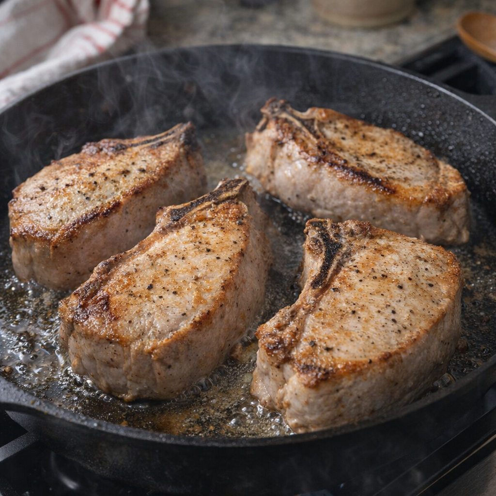 Pork chops lightly browned in a skillet before slow cooking