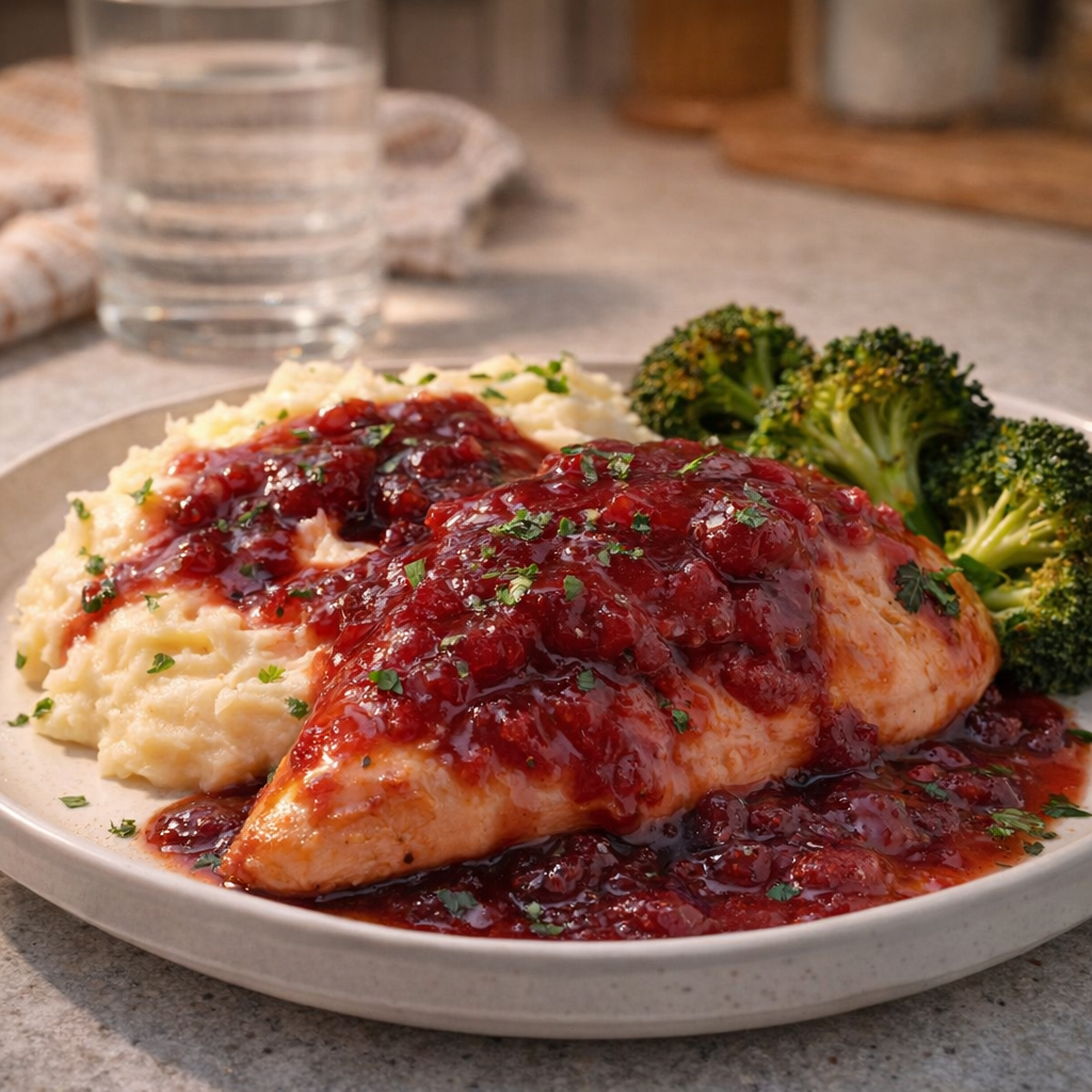 Cranberry chicken with mashed potatoes and broccoli