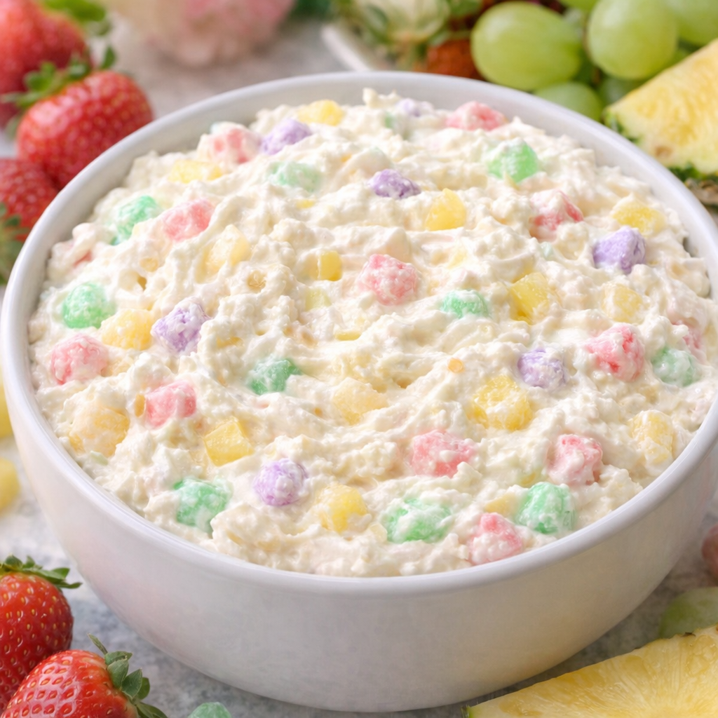 Sweet fluff dip variation with pastel candies and bits of pineapple in a serving bowl