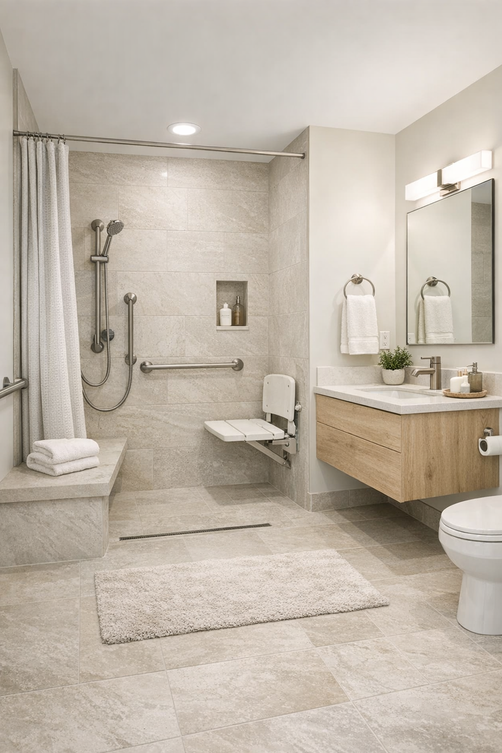 Accessible tiny home bathroom with a curbless shower, pale stone tile, and a floating vanity