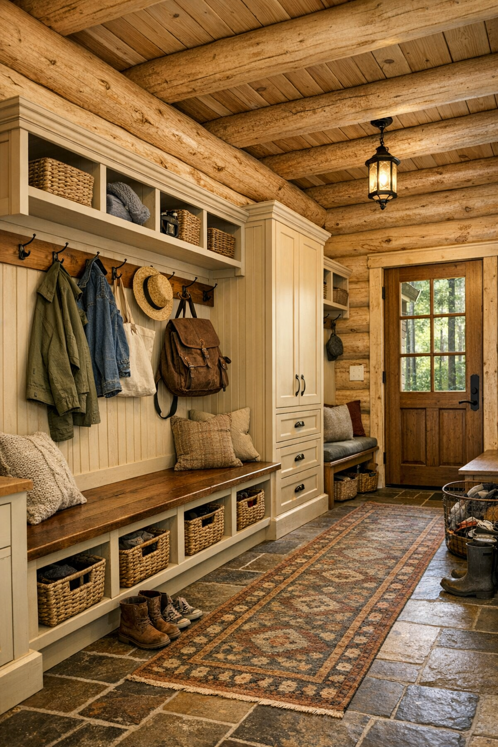 Thoughtful entry and mudroom area with built-ins in a light log home