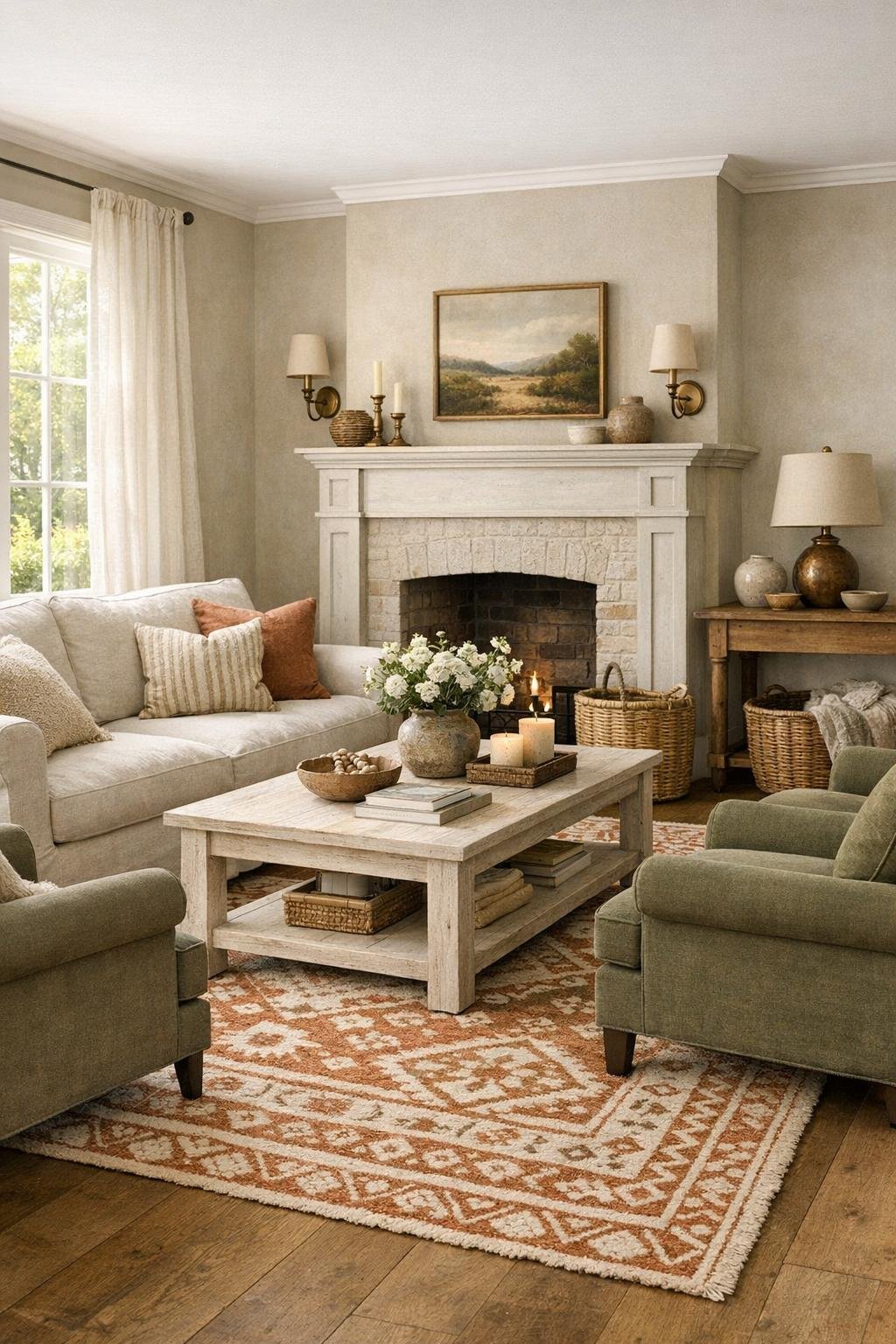 Cozy cottage living room with linen seating, warm wood, and soft neutral tones