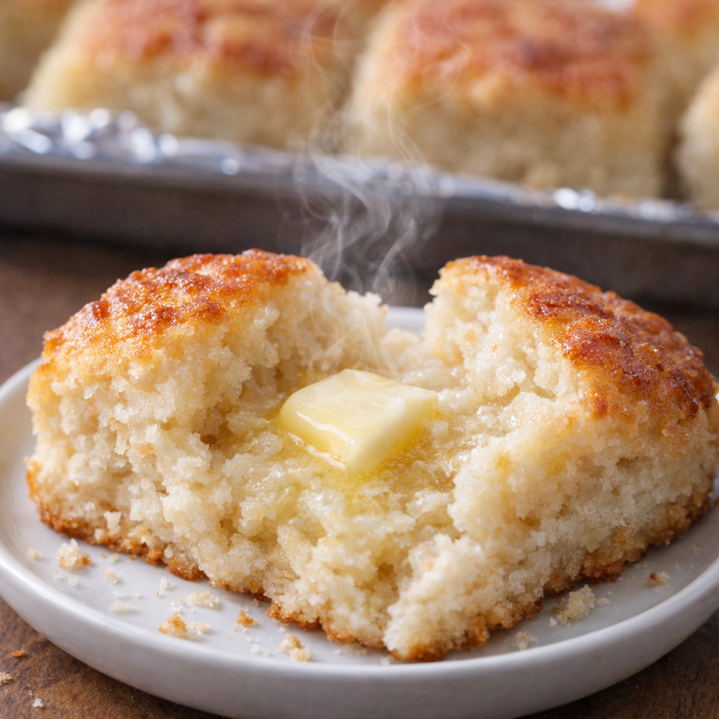 Butter dip biscuit split open with steam rising