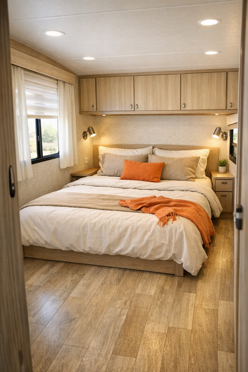 RV bedroom with low bed, warm neutral textiles, and integrated storage