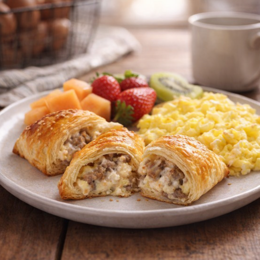 Serving plate of baked crescents with fruit and scrambled eggs
