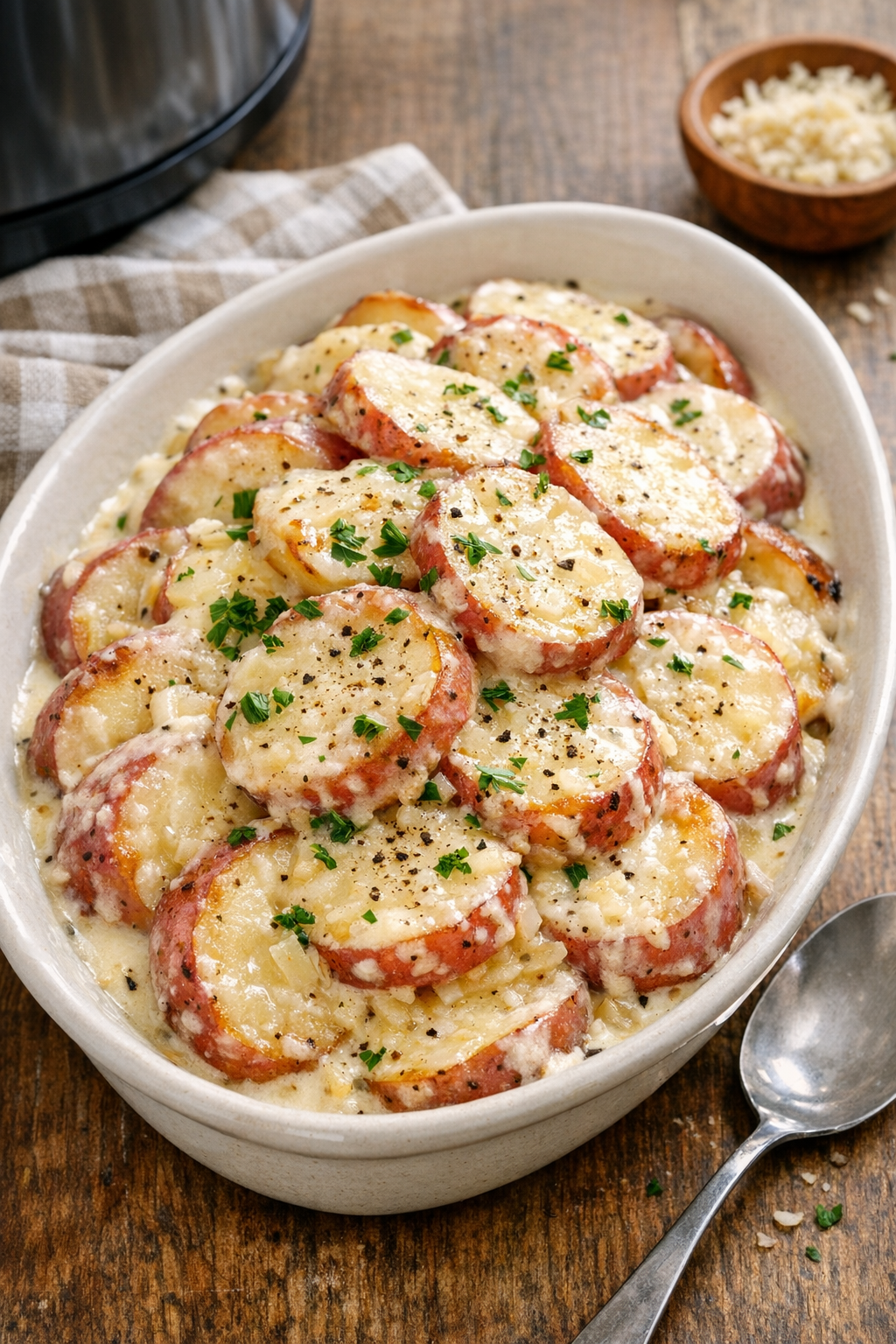 Finished creamy slow cooker red potatoes in a serving dish