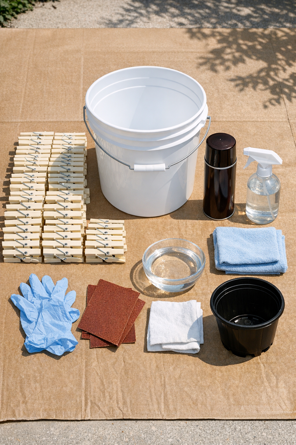 All materials laid out for the faux wood clothespin porch planter
