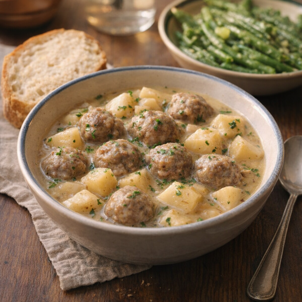 Bowl of meatball stew served with bread and green beans