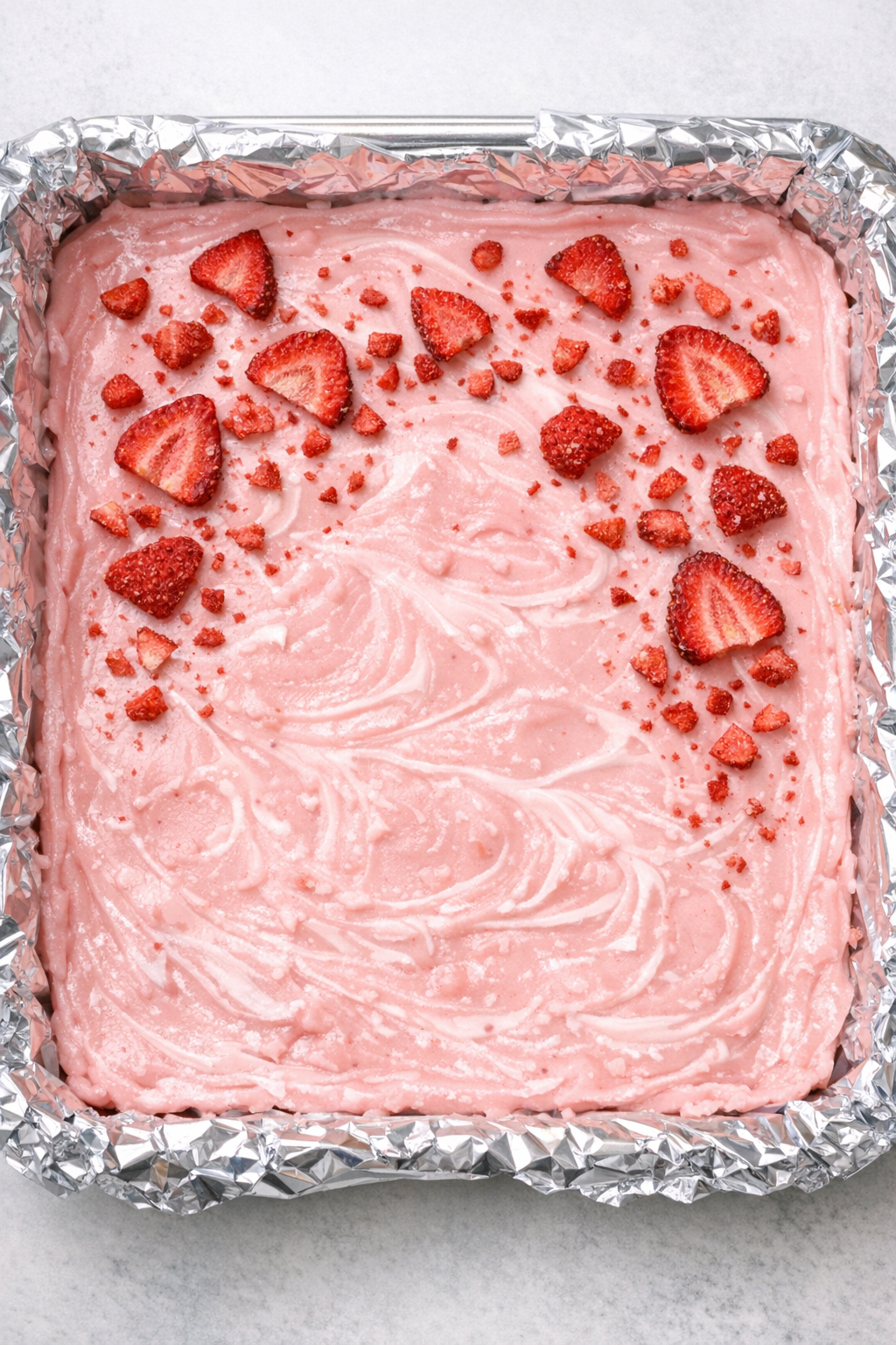 Pink fudge spread into a foil-lined pan before chilling