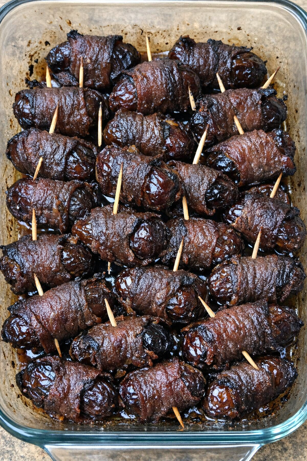 Close up of baked beef wrapped dates