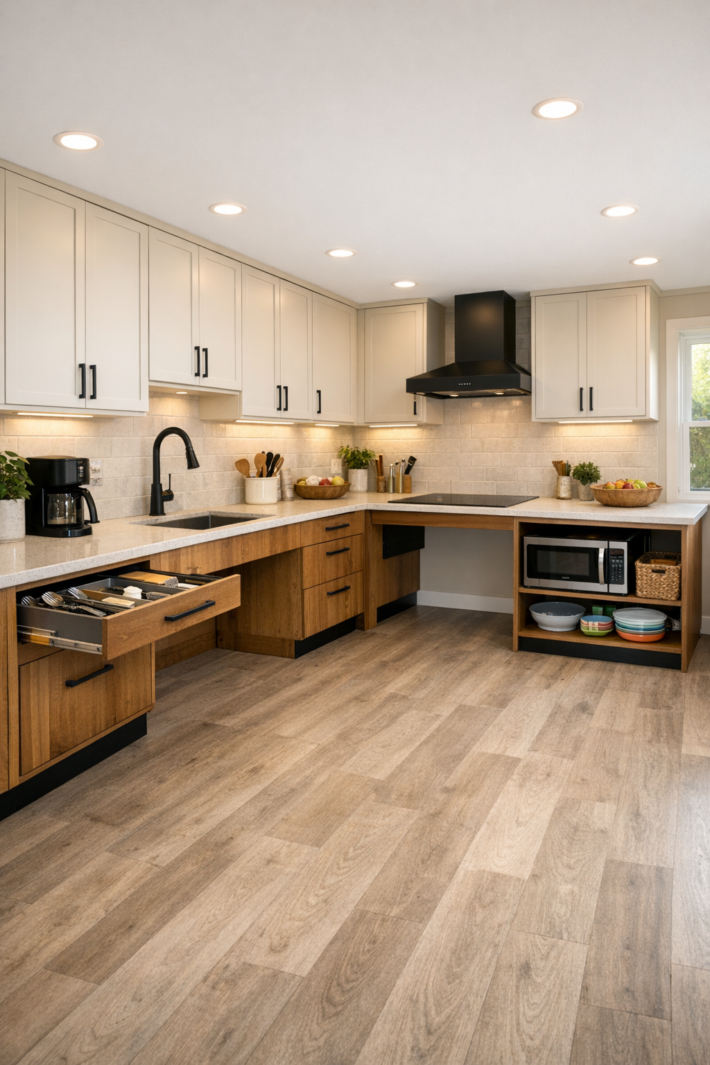 Accessible kitchen with warm wood cabinets and pale counters
