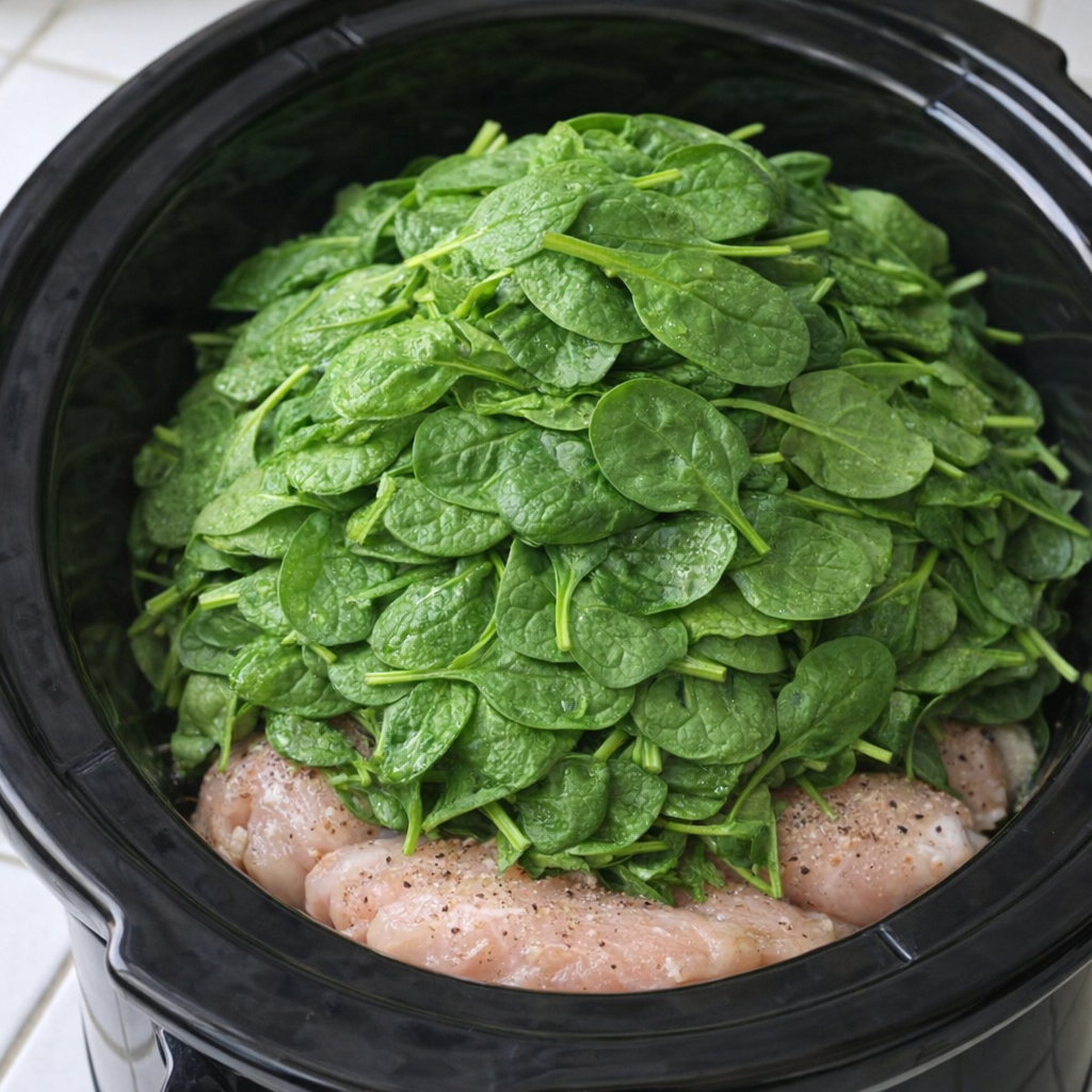 Slow cooker layered with raw chicken and fresh spinach