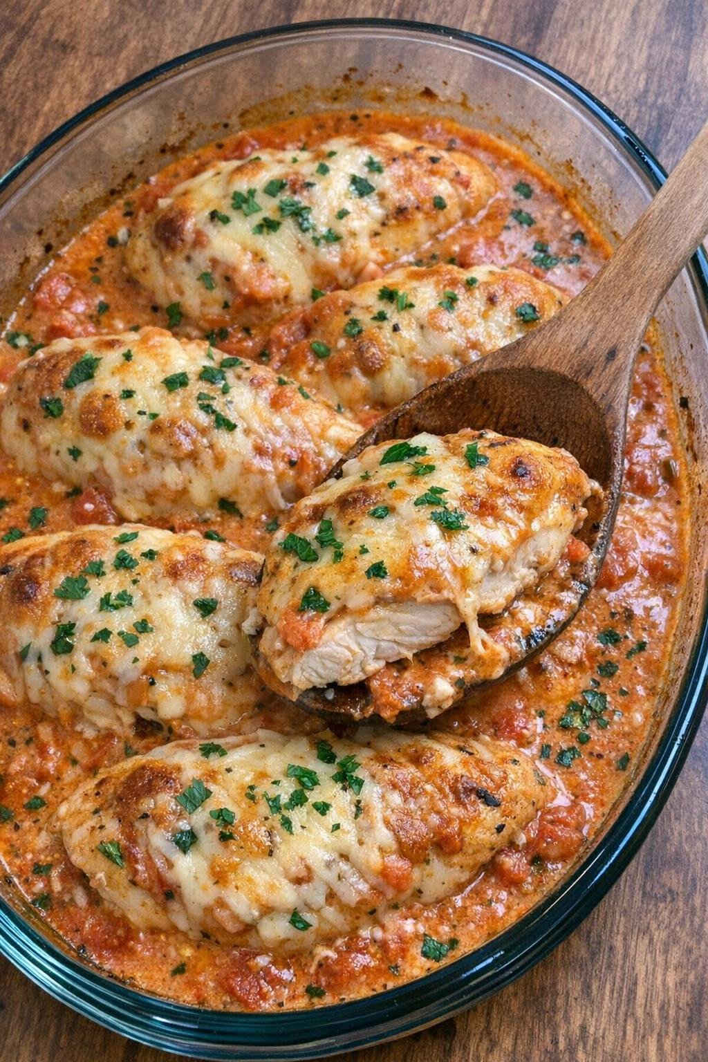 Golden chicken in tomato cream sauce in a glass baking dish