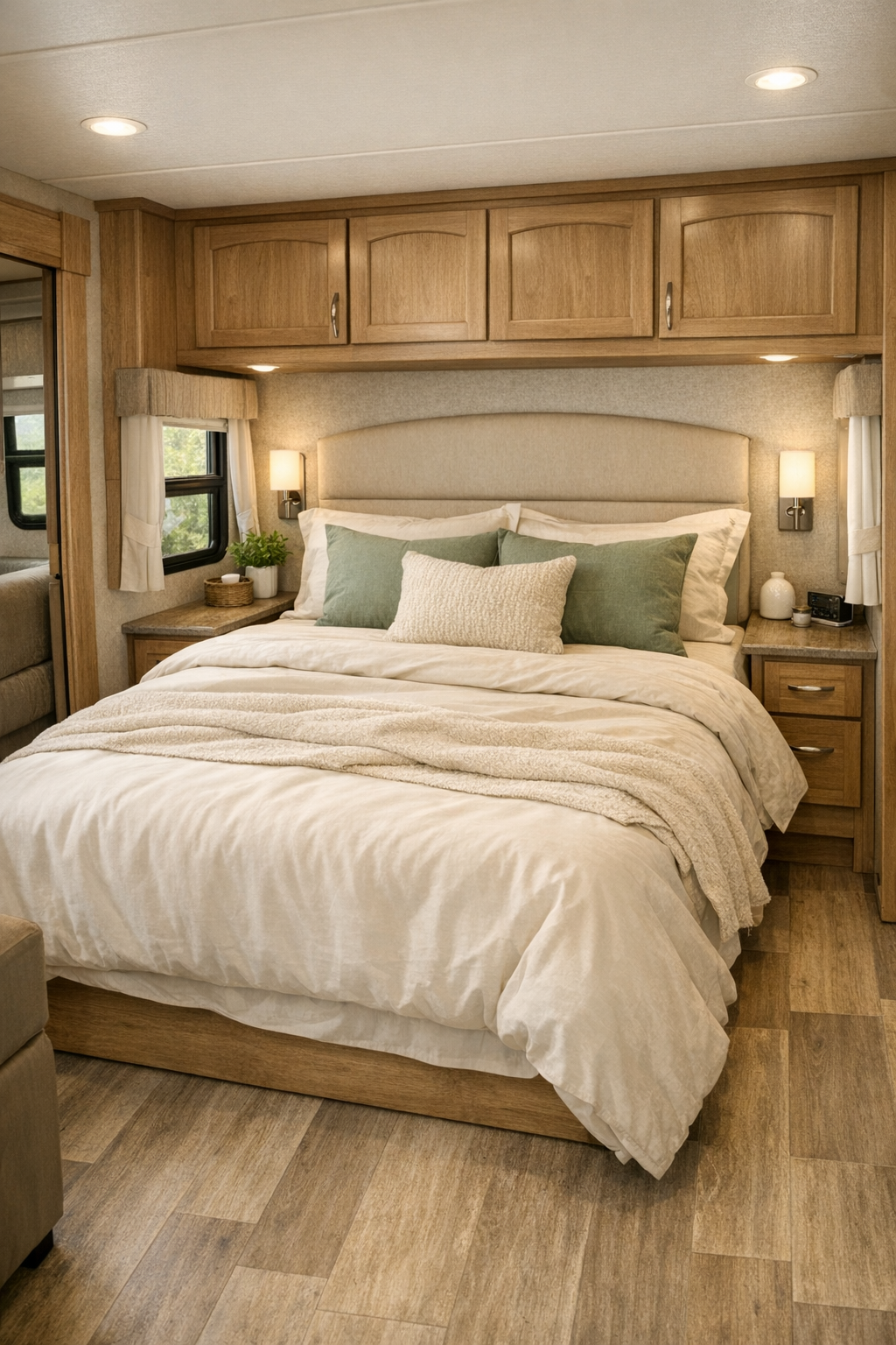 Cozy RV bedroom with soft cream bedding, muted green accents, and built-in wood storage