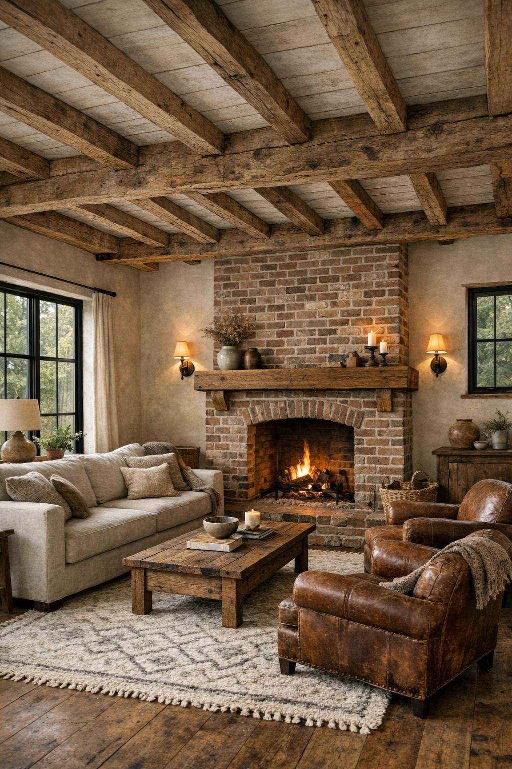 Living room with exposed beams, linen seating, leather chairs, and a brick fireplace in a converted granary farmhouse