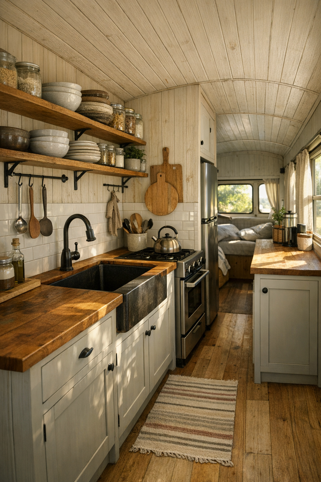 Galley kitchen in an off-grid converted bus with warm wood counters, open shelves, and compact appliances