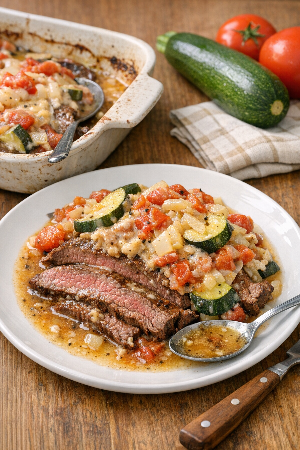 Finished Amish beef and summer vegetable casserole plated for serving