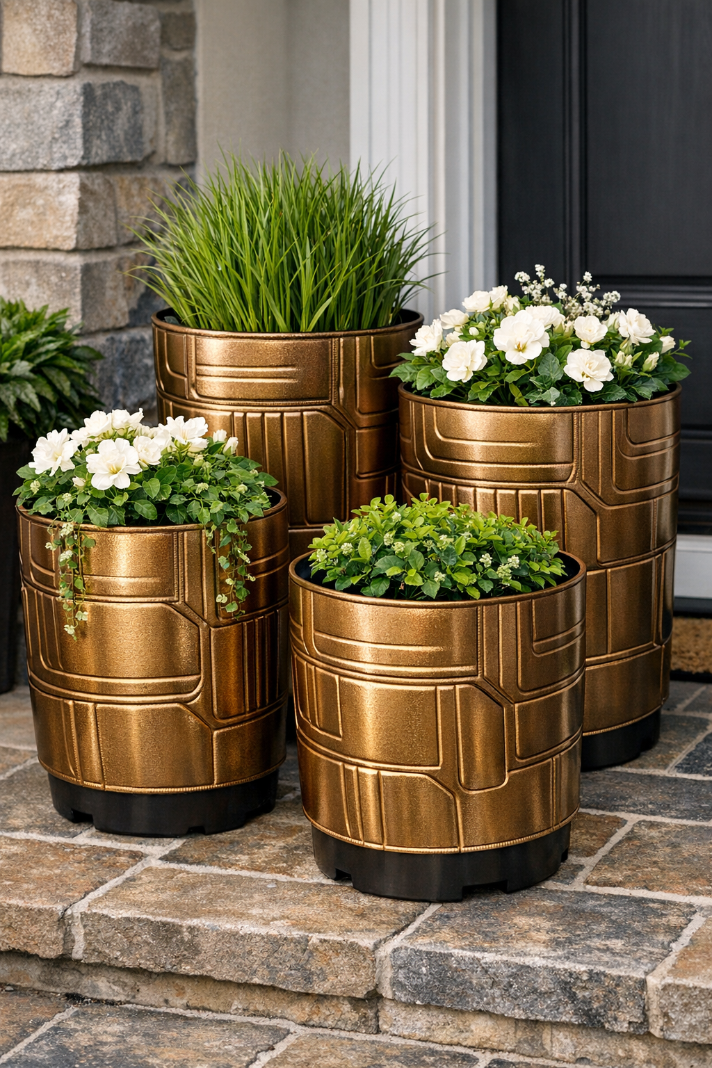 Finished bronze porch planters made from rubber floor mats and nursery pots