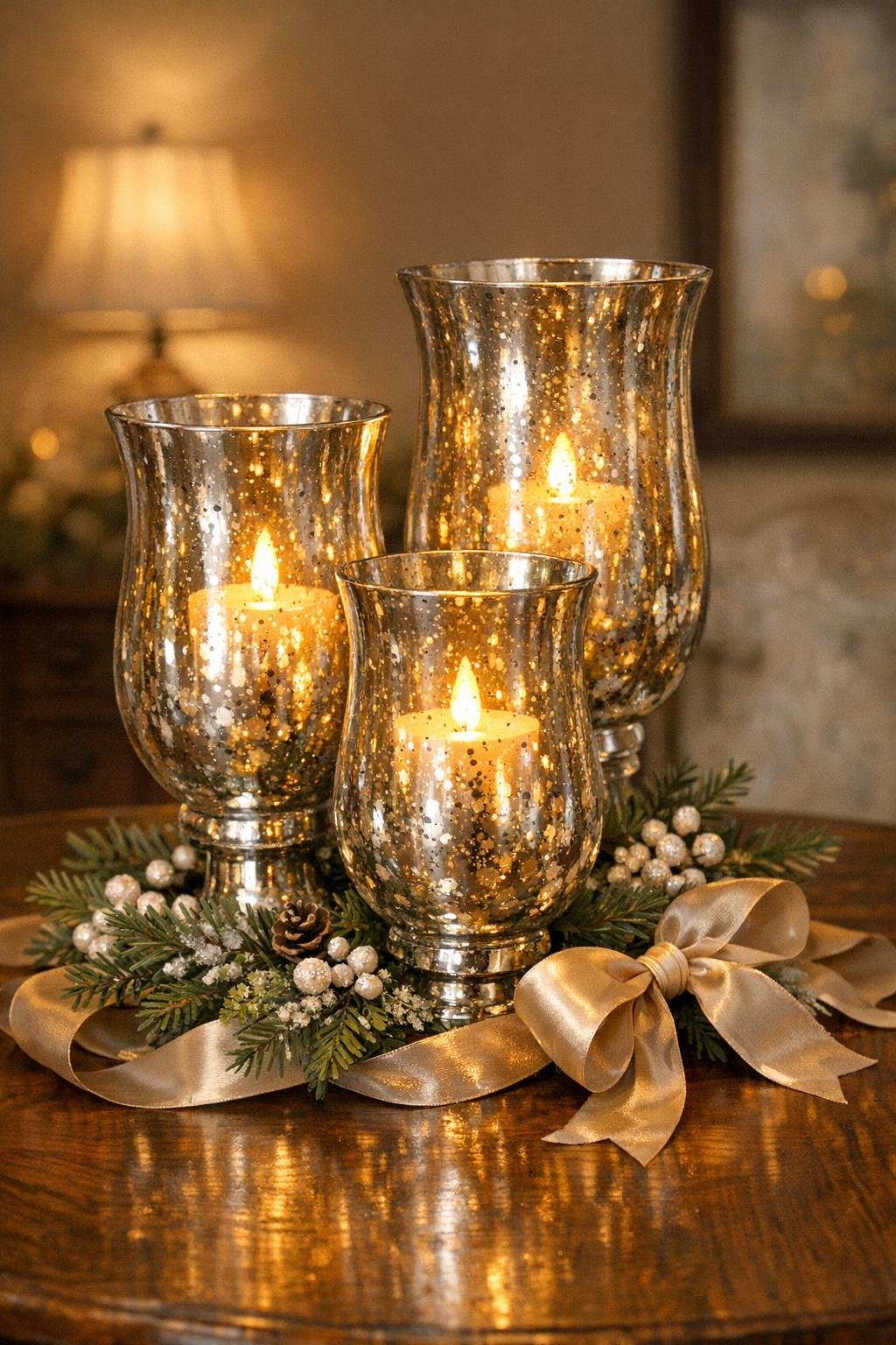 Finished trio of antique silver mercury glass hurricane vases glowing with candles on a dining table