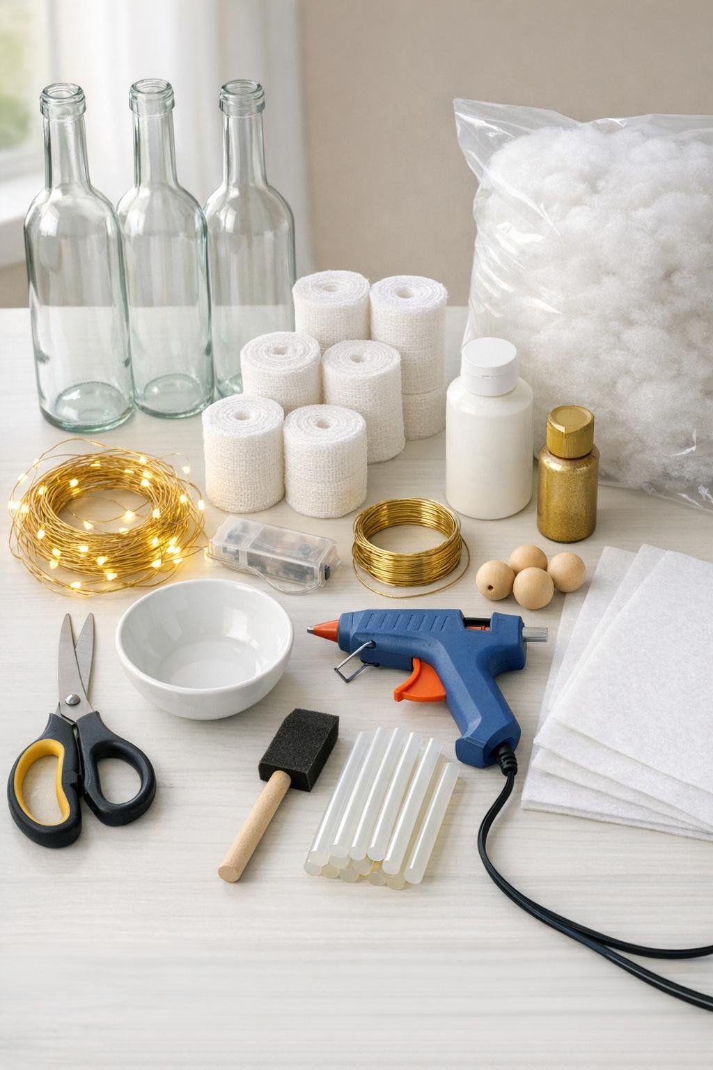 Materials for making glowing gauze bottle angels laid out on a table