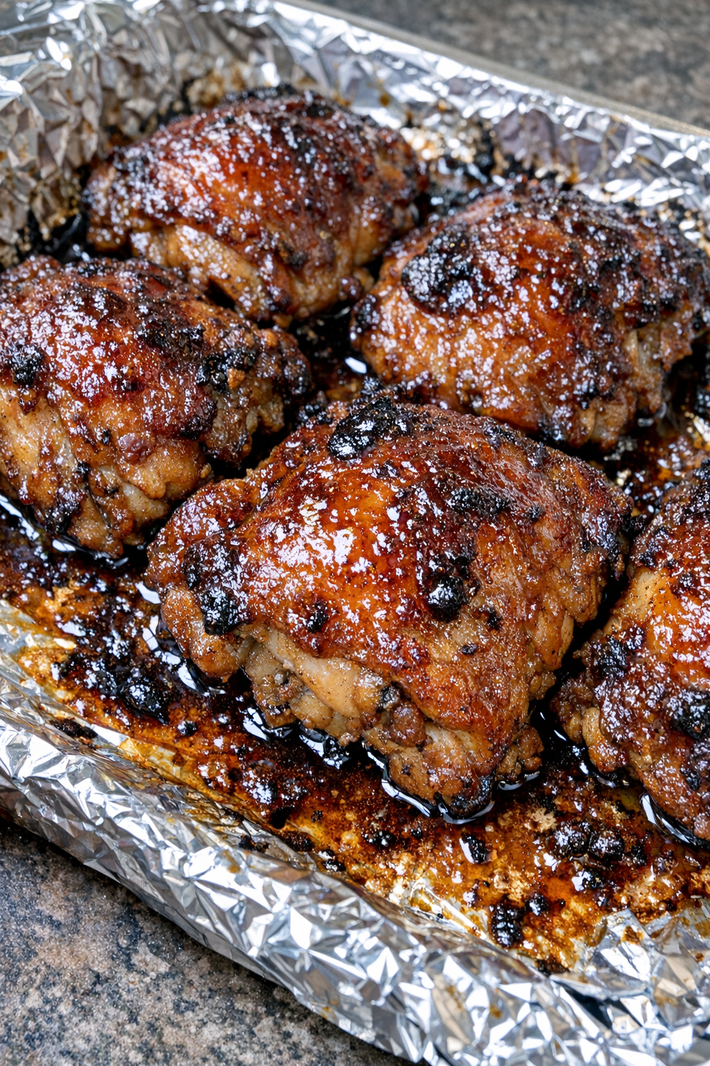 Sticky glazed Amish picnic chicken thighs on a foil-lined baking sheet