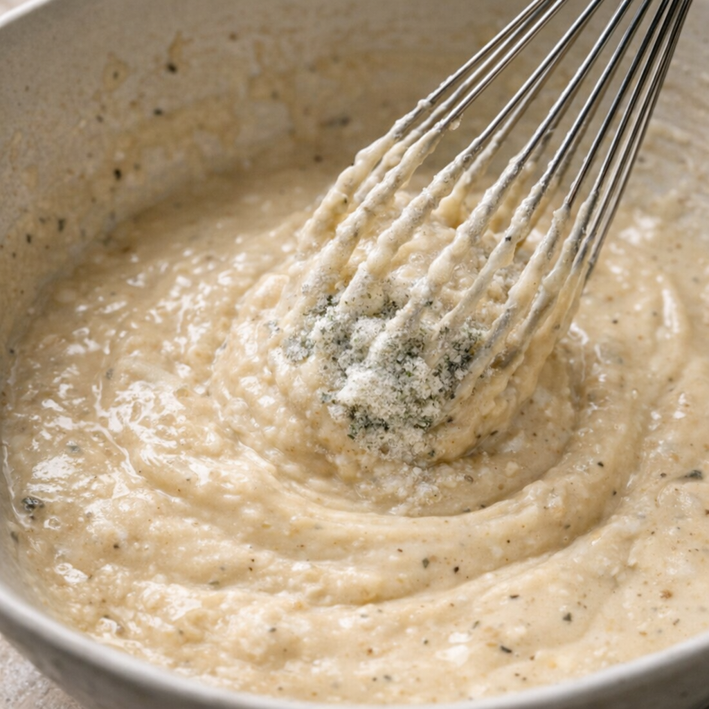 Creamy ranch gravy mixture being whisked in a bowl