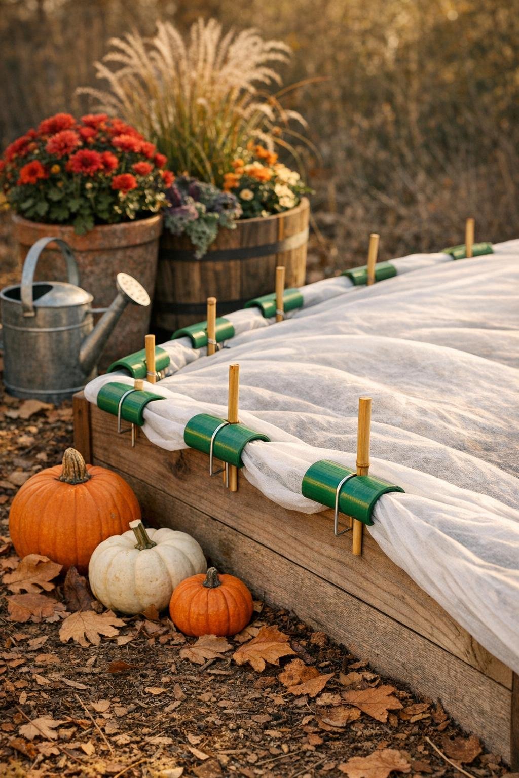 Finished fall garden bed with row cover secured by split garden hose anchors