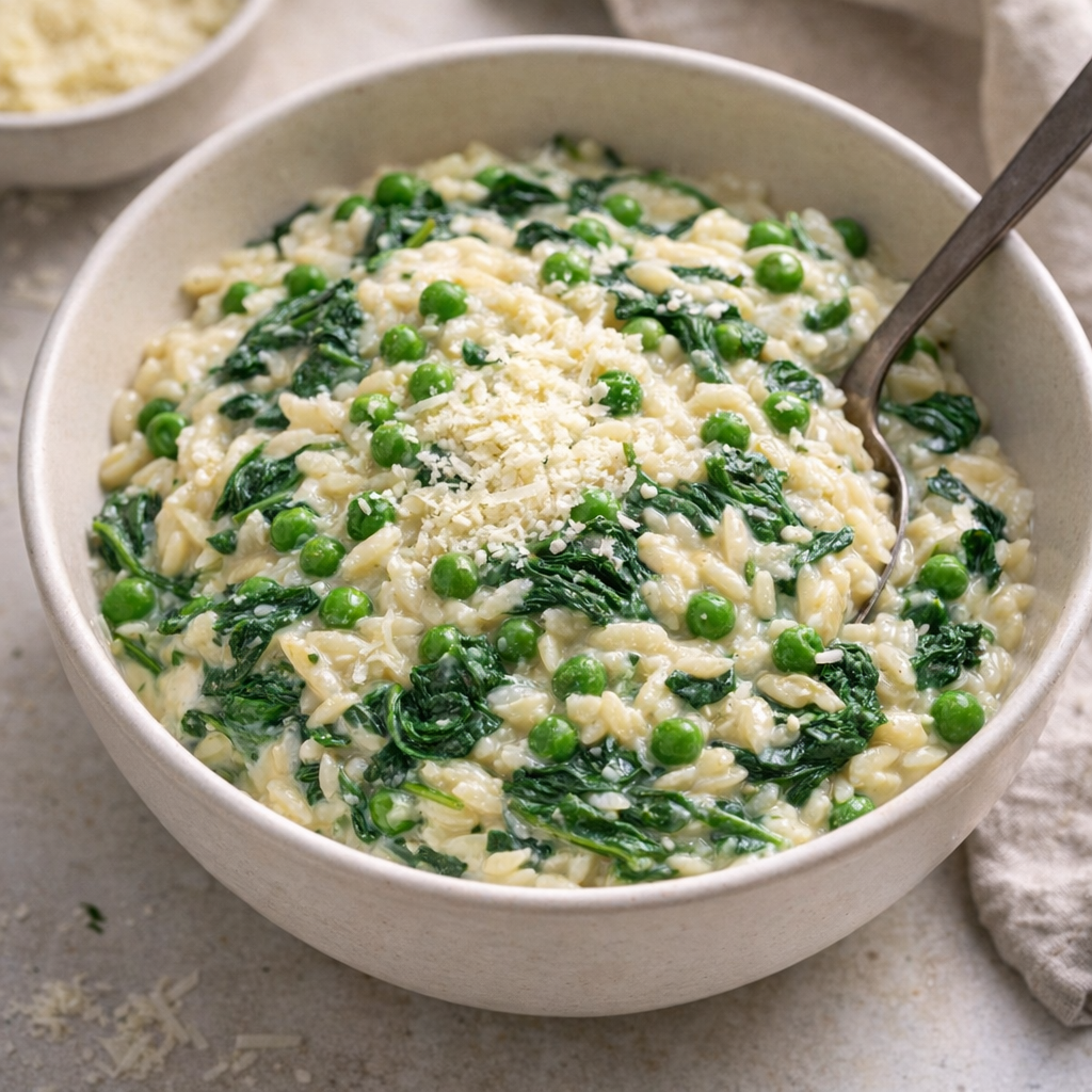 Creamy orzo with peas and spinach mixed in