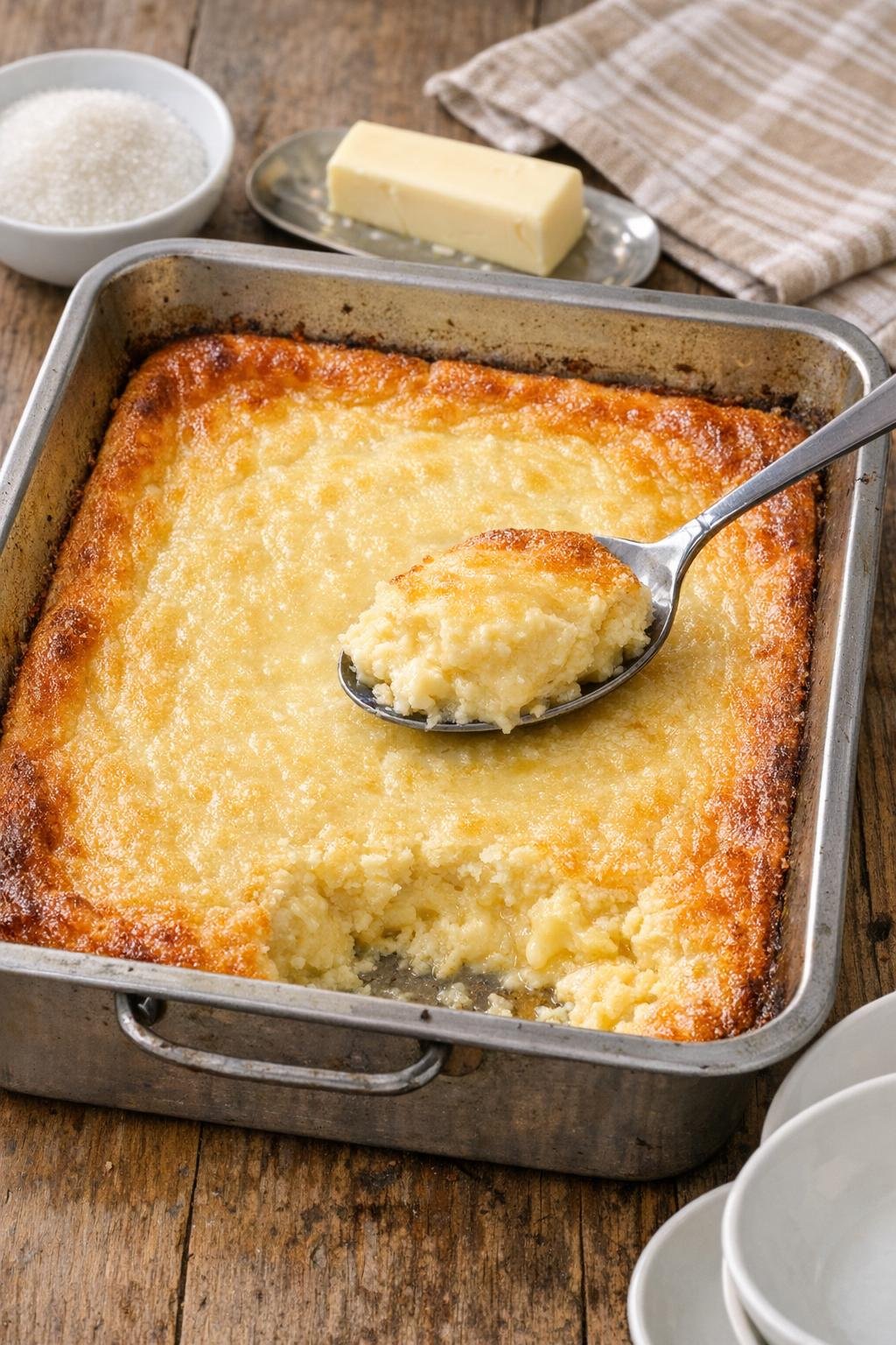 Finished baked egg dessert in roasting pan