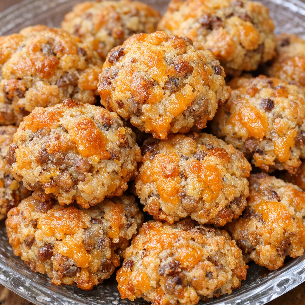 Southern 4-ingredient cheddar sausage bites on a glass serving platter