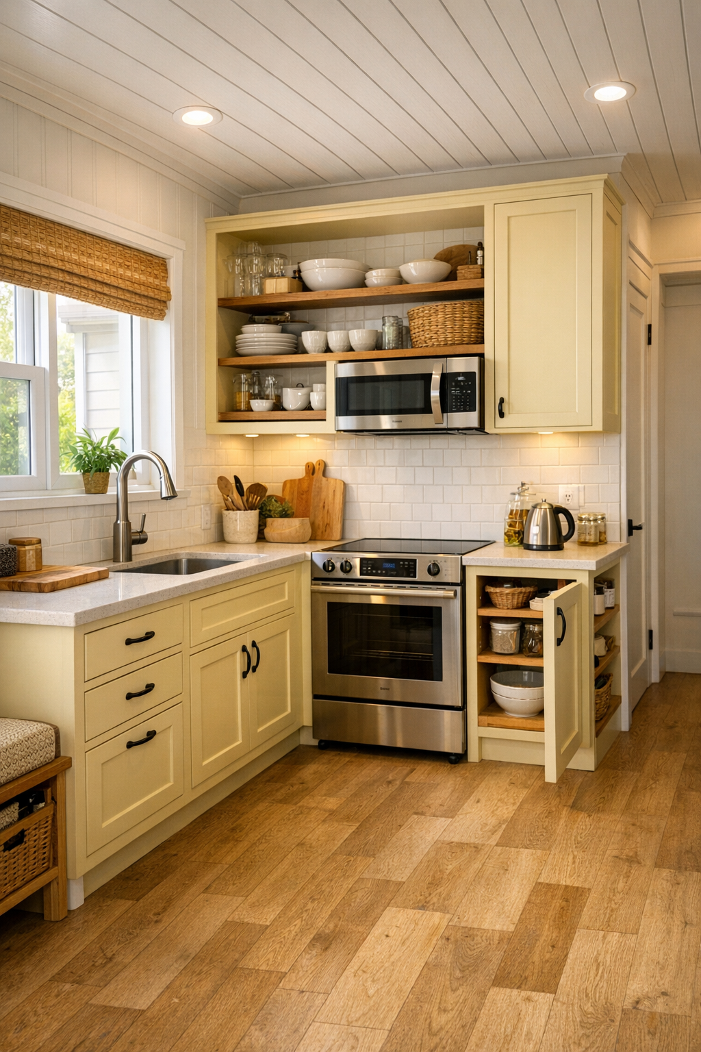 Compact accessible kitchen with chamomile cabinetry, pale quartz counters, and open maneuvering space