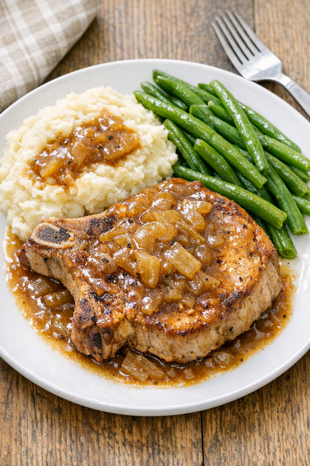 Finished slow cooker pork chops plated with sauce