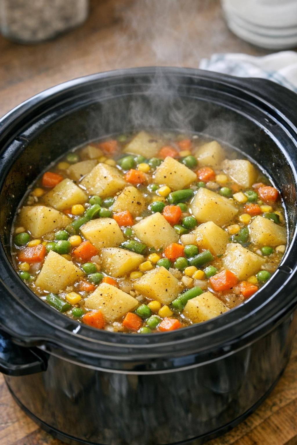Malse aardappel- en groentestoofpot, gegaard in de slowcooker.