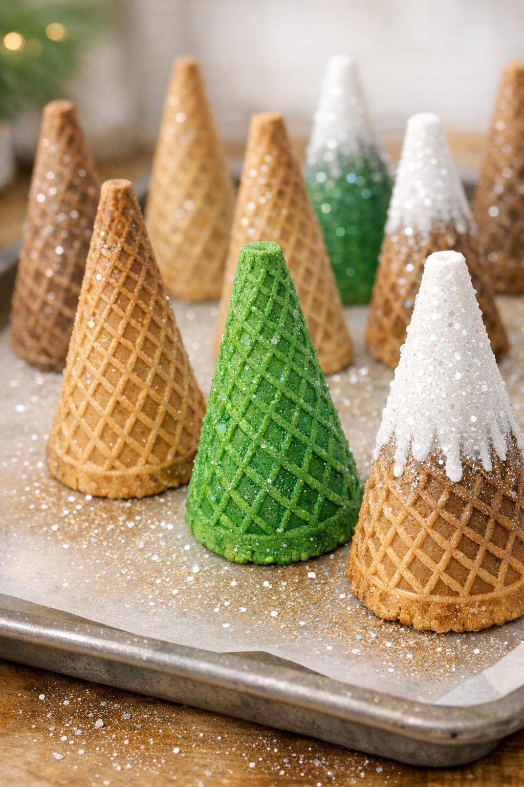 Brown and green cone trees with white painted snowy tips