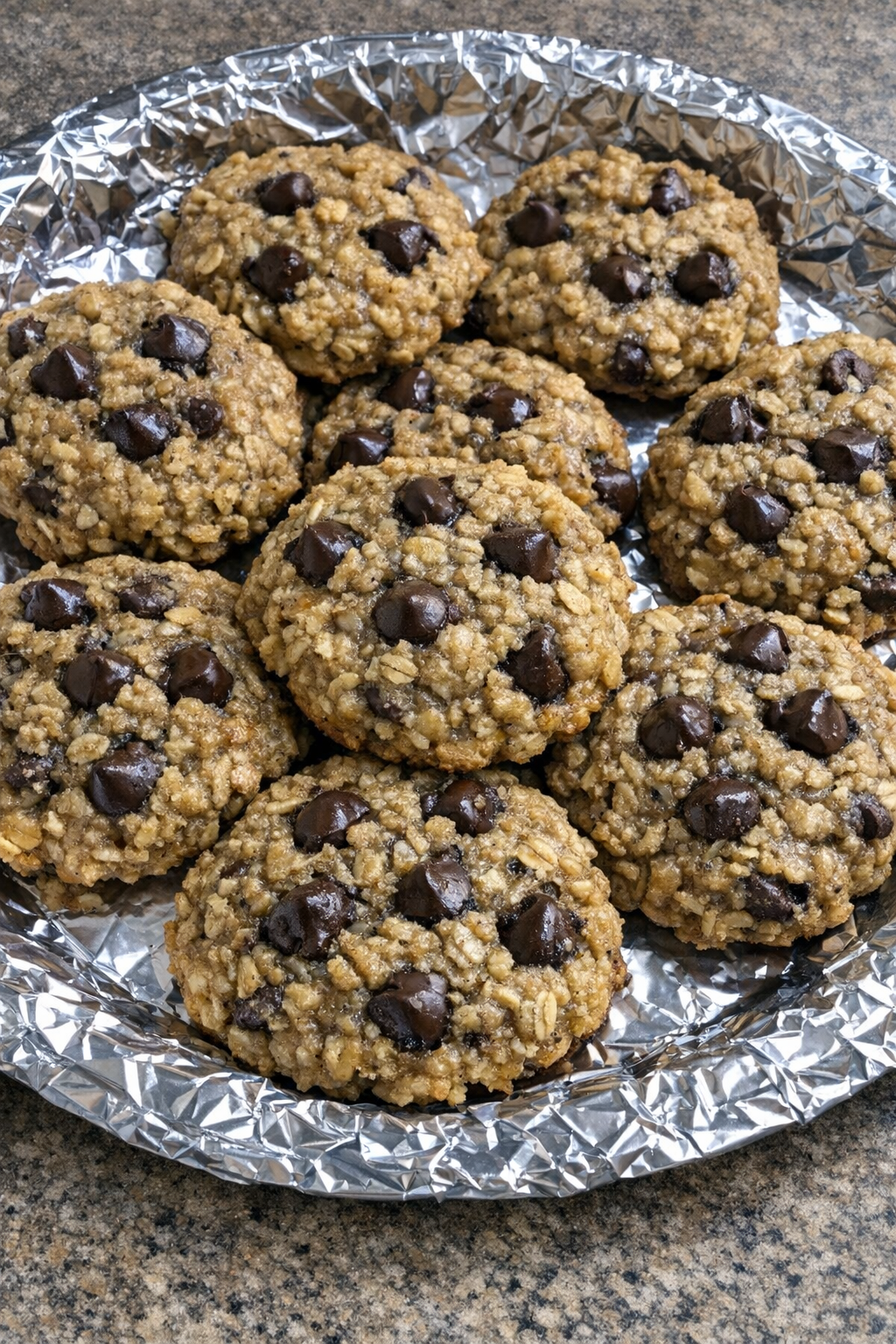 3-ingredient banana oatmeal cookies on a foil-lined platter