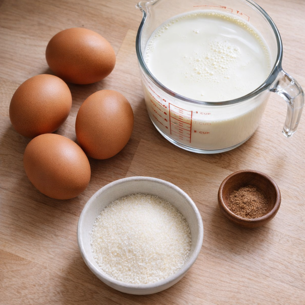 Simple custard ingredients arranged in mixing bowls