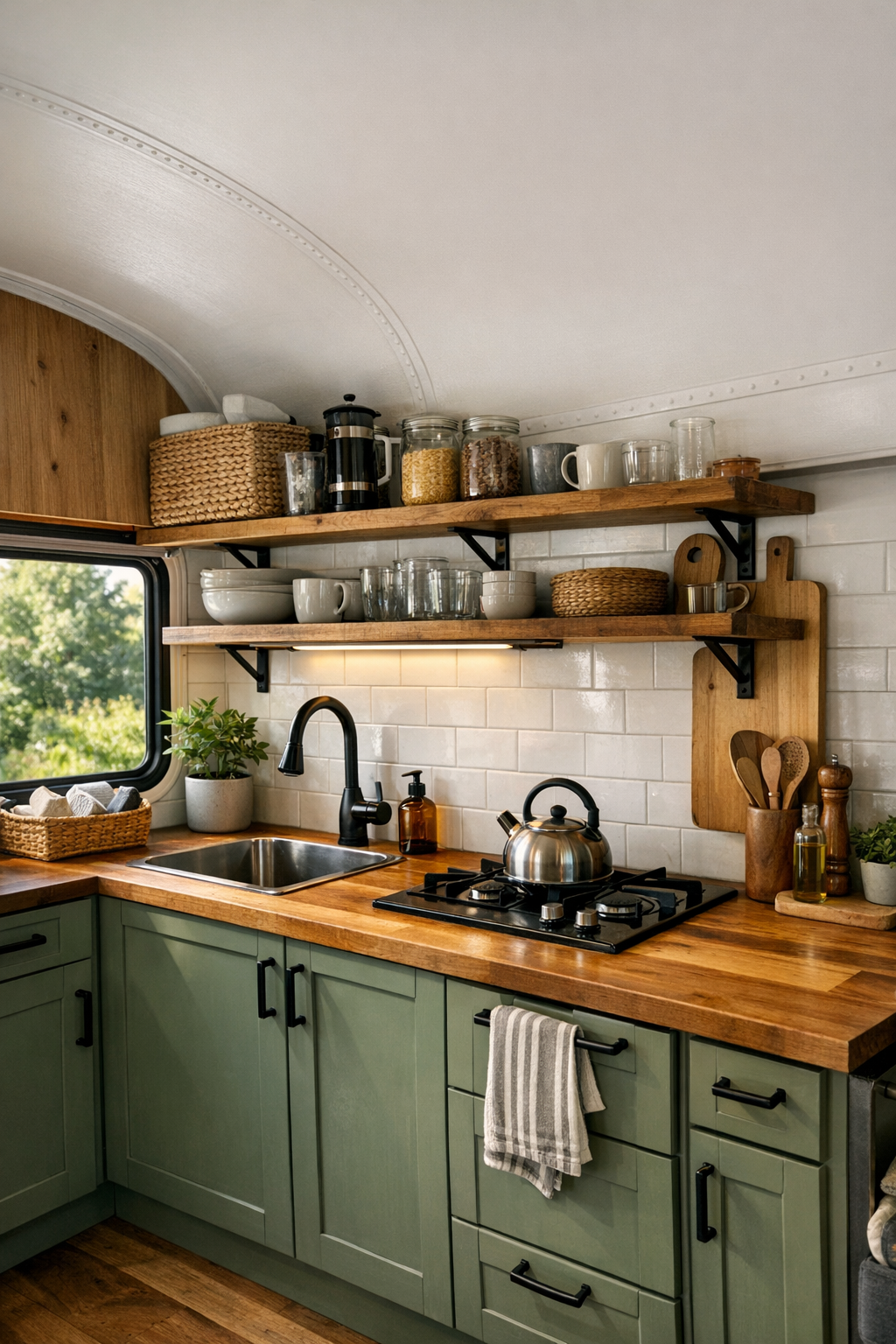 Warm galley kitchen in a converted bus with muted green cabinetry and butcher-block counters