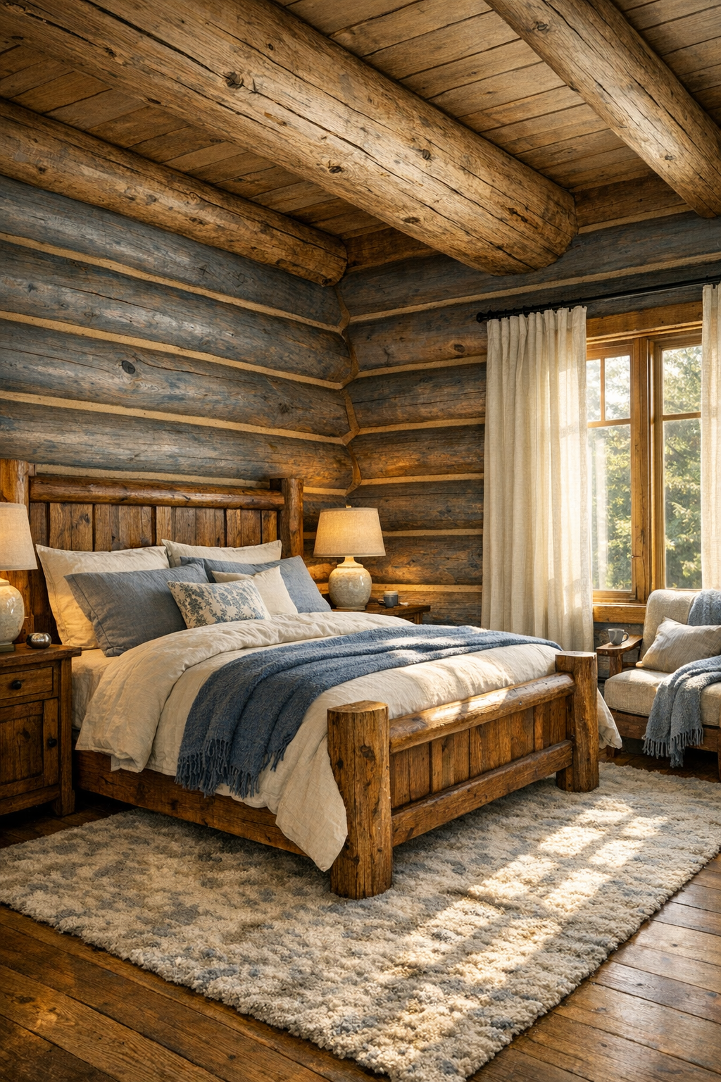 Peaceful bedroom with blue spruce log walls, layered bedding, and soft natural textiles